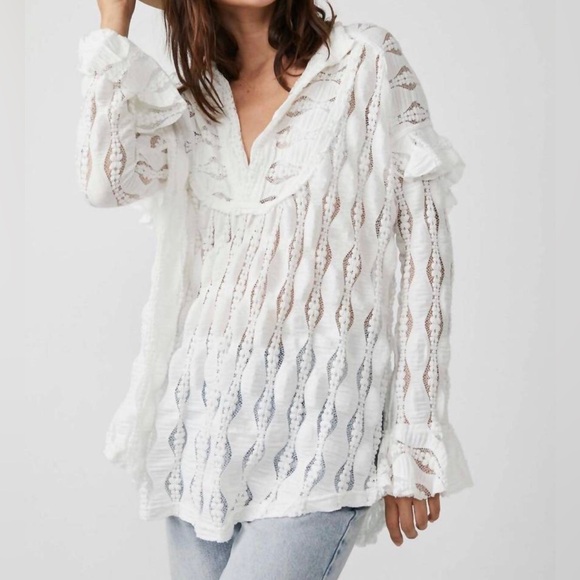 FREE PEOPLE Tops - NWT Free People Candy Shop Tunic Womens M Ivory V-Neck Semi Sheer Ruffle Slouchy